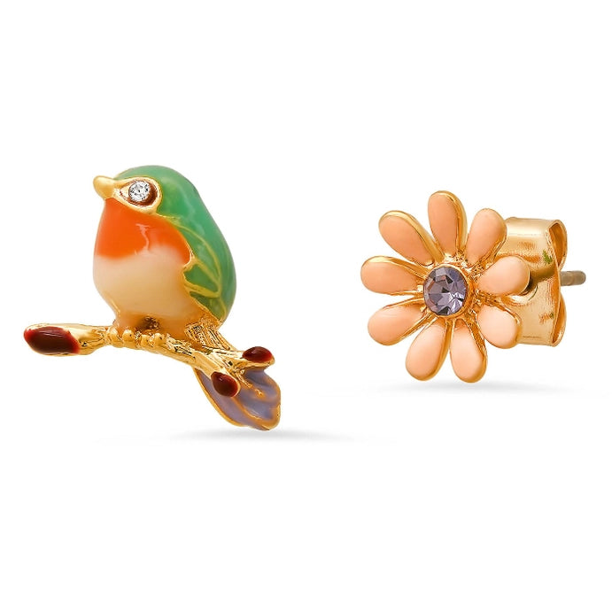 Enamel Bird + Flower Mismatched Studs