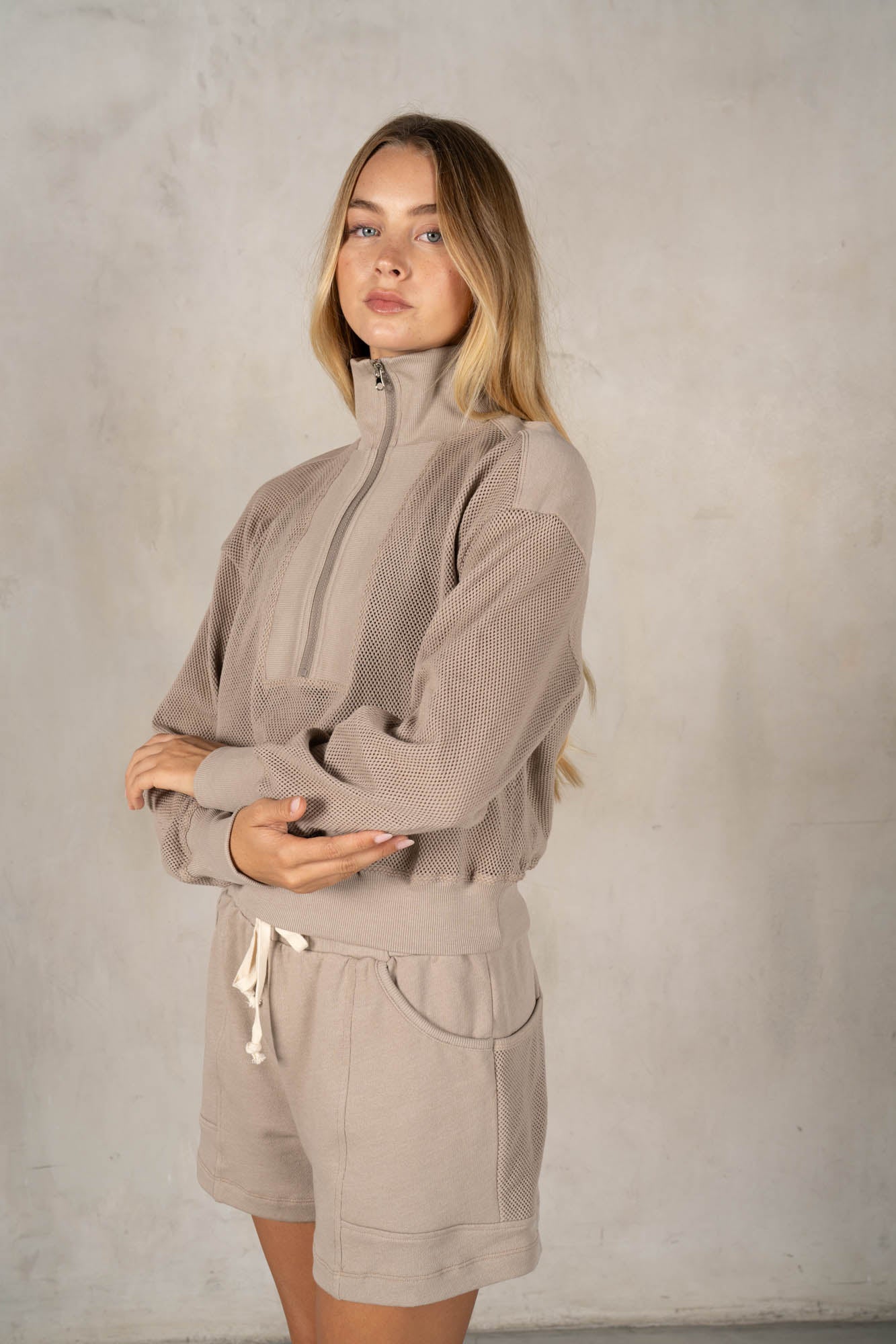 Stone Mesh Half Zip Pullover