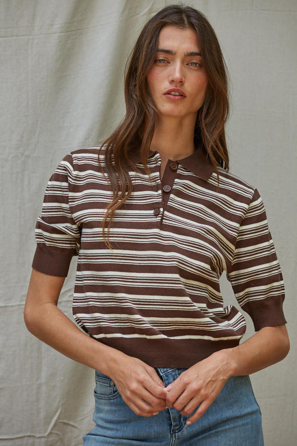 Brown Striped Polo Top