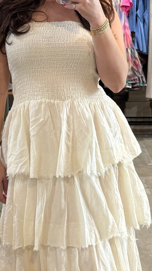 Frayed Tiered Maxi Dress in Buttercream