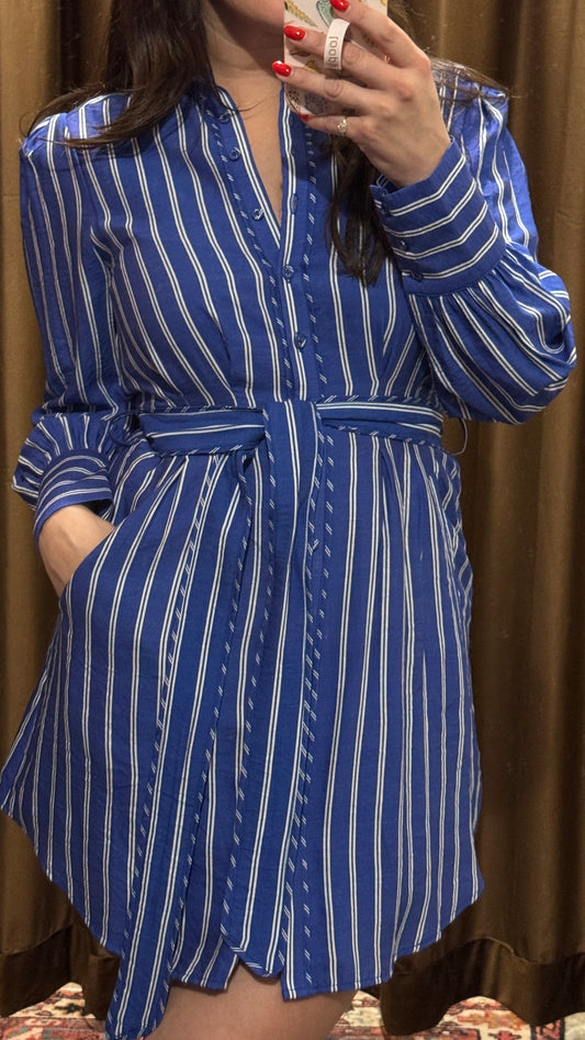 Stripe Mini Shirtdress with Piping in Blue