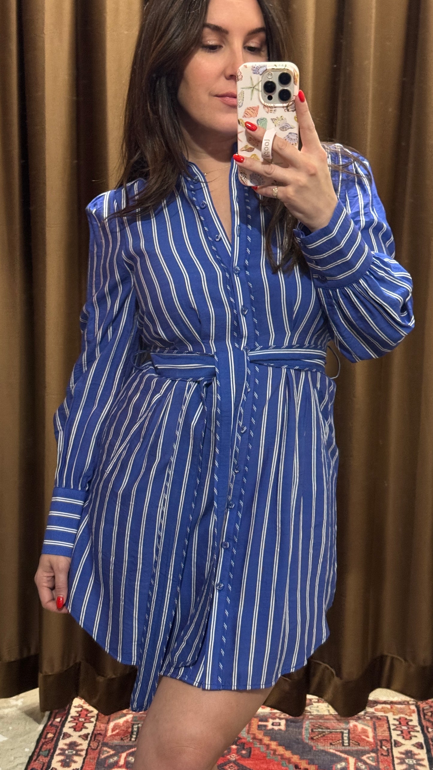 Stripe Mini Shirtdress with Piping in Blue