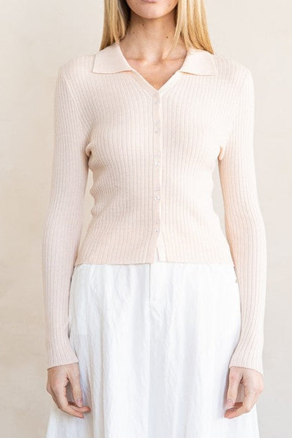Ribbed Knit Button Cardigan in Baby Pink