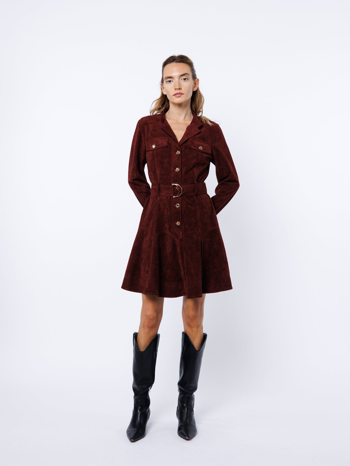 Laurie Belted Suede Mini Dress in Wine