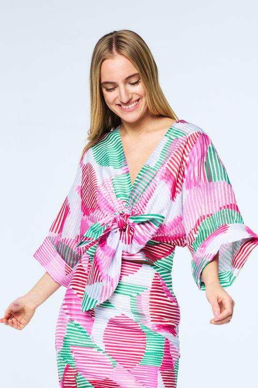 Clarisa Striped Tie Front Blouse in Pink Multi