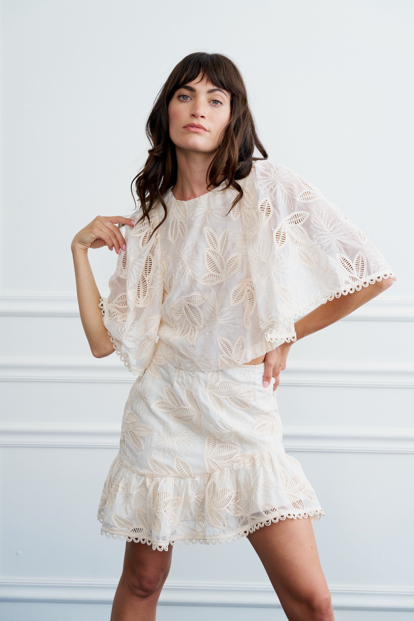 Liz Crochet Embroidered Cape Top in Cream