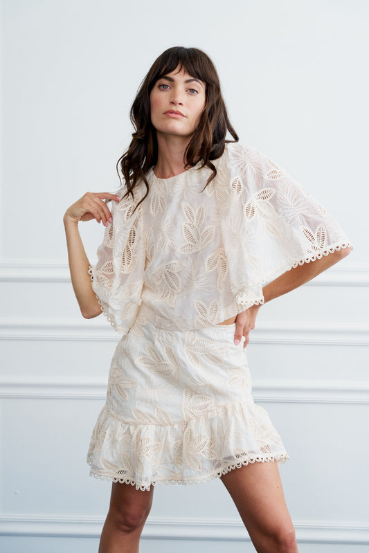 Liz Crochet Embroidered Cape Top in Cream