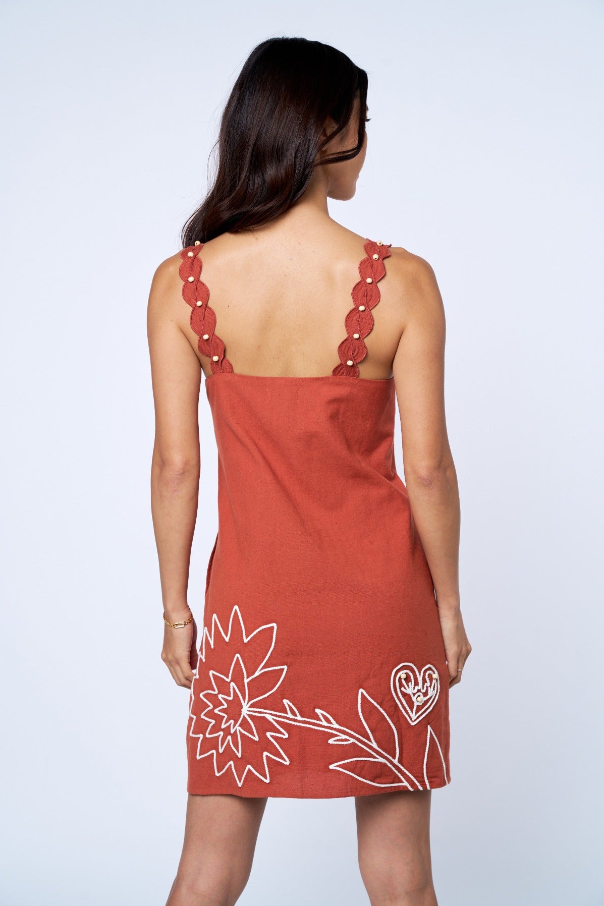 Terracotta Embroidered Flower Mini Dress
