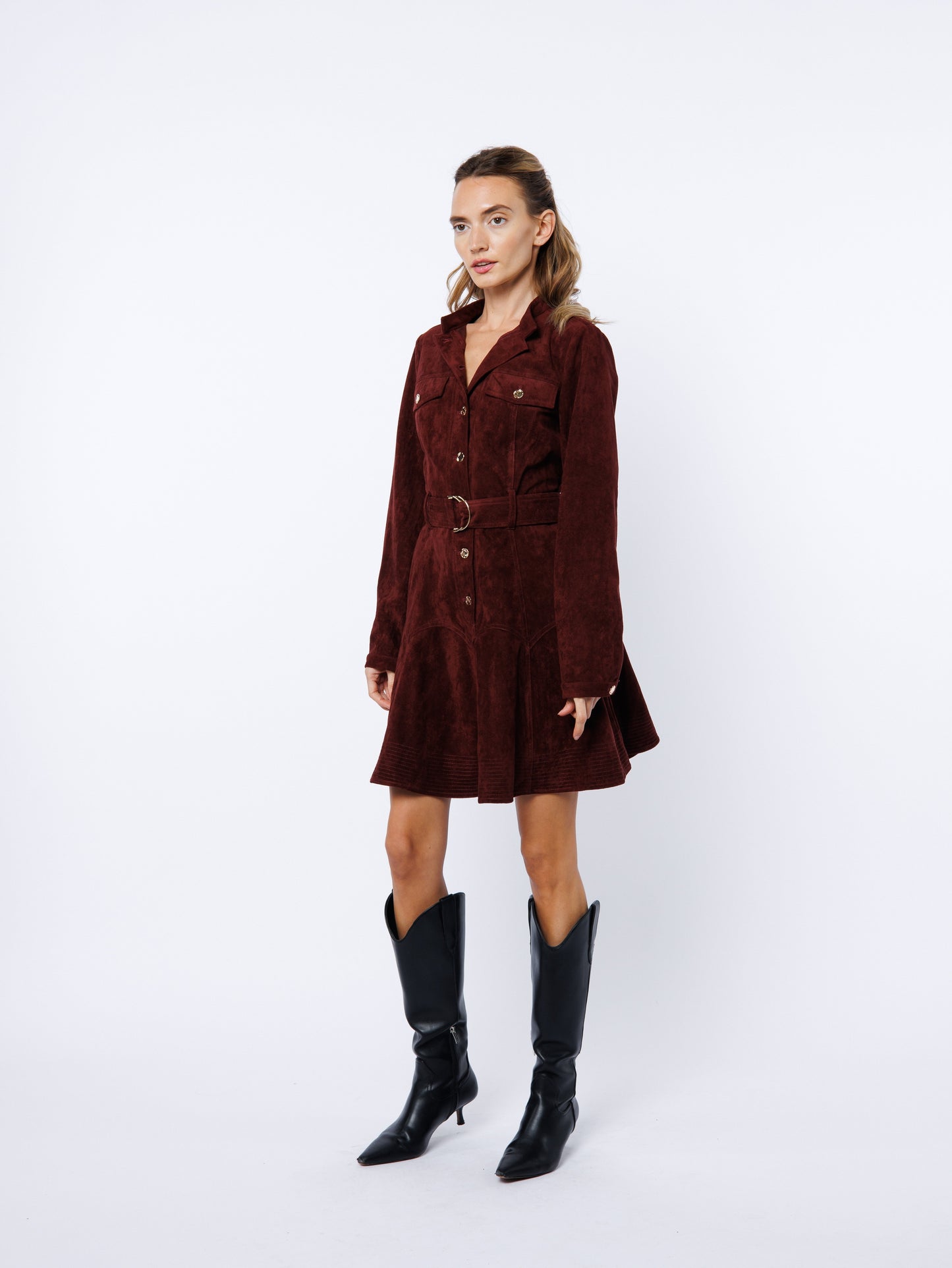 Laurie Belted Suede Mini Dress in Wine