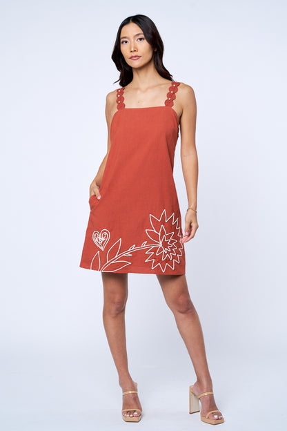 Terracotta Embroidered Flower Mini Dress