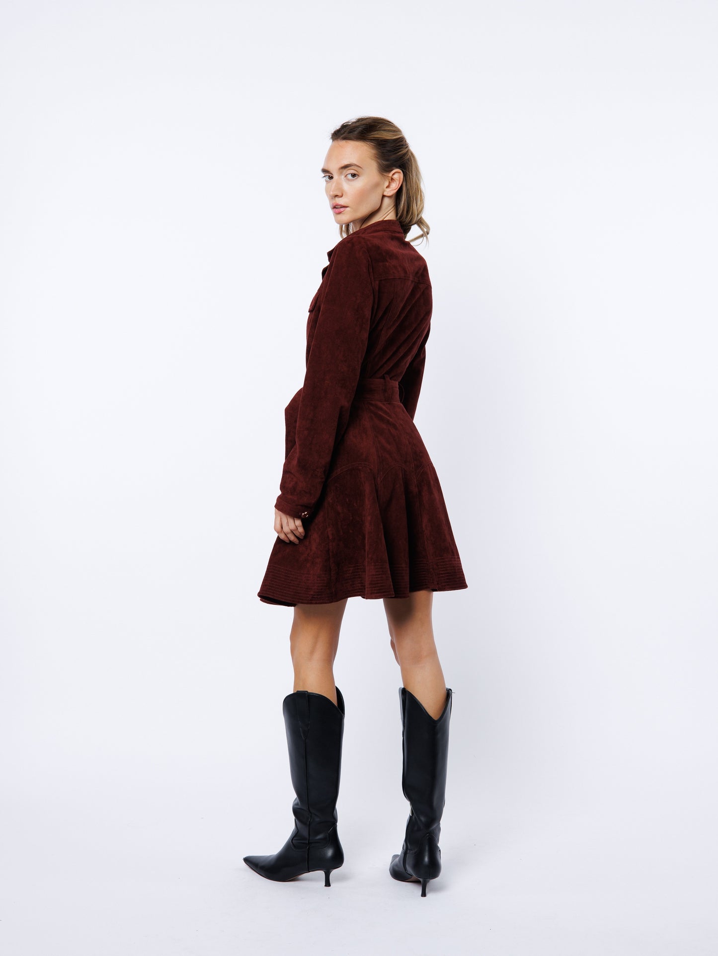 Laurie Belted Suede Mini Dress in Wine
