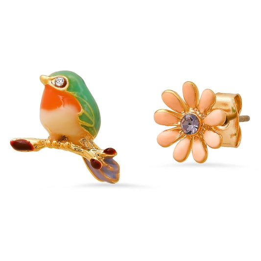 Enamel Bird + Flower Mismatched Studs