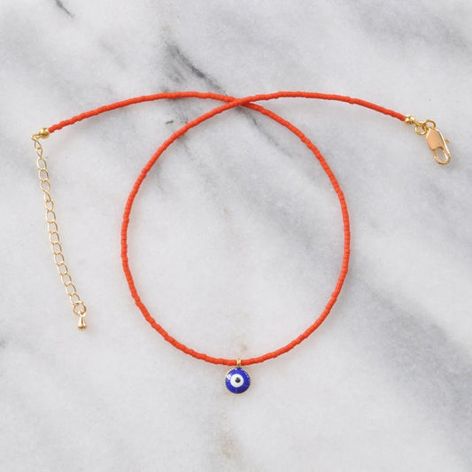 Beaded Choker Necklace - Orange Evil Eye