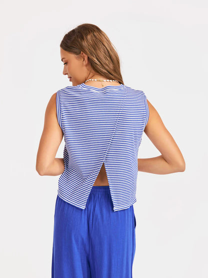Palma Overlap Back Top - Blue + White