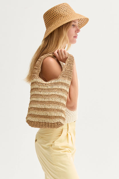 Erin Striped Weave Bag in Tan+Cream