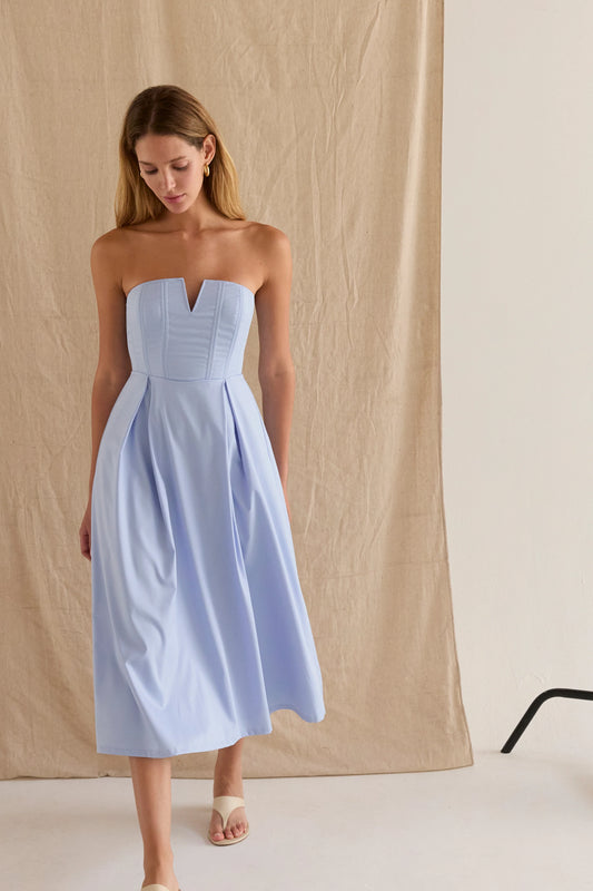 Zae V-Corset Midi Dress in Light Blue