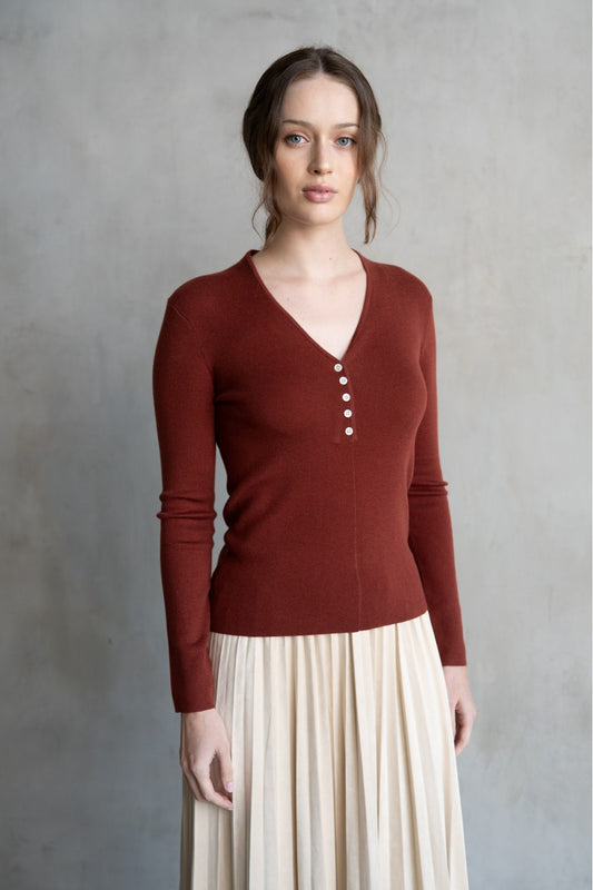 V-Neck Button Knit Top