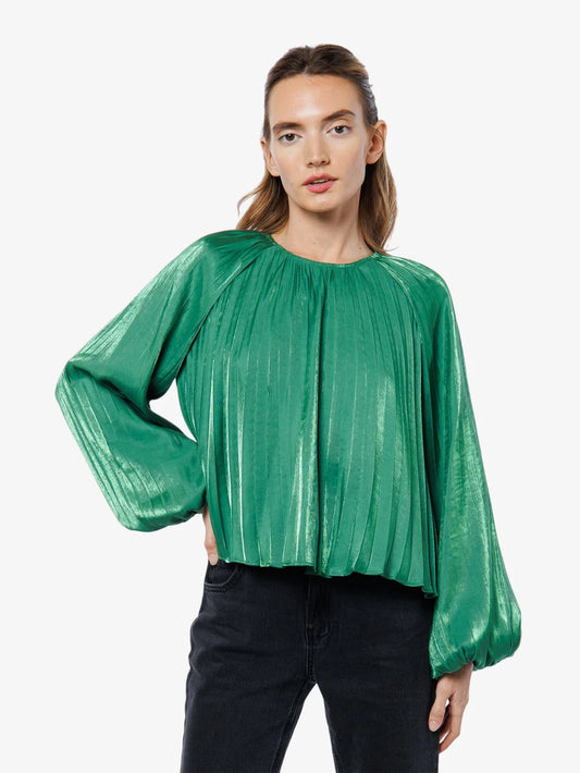 Pleated Raglan Blouse in Emerald Green