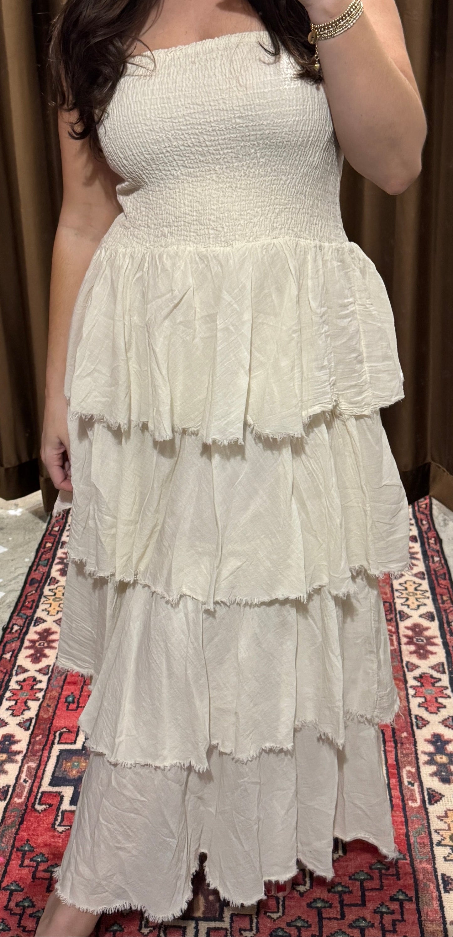 Frayed Tiered Maxi Dress in Buttercream