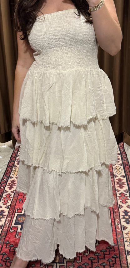 Frayed Tiered Maxi Dress in Buttercream