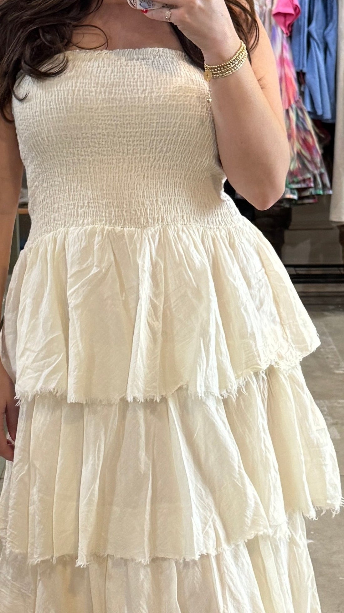 Frayed Tiered Maxi Dress in Buttercream