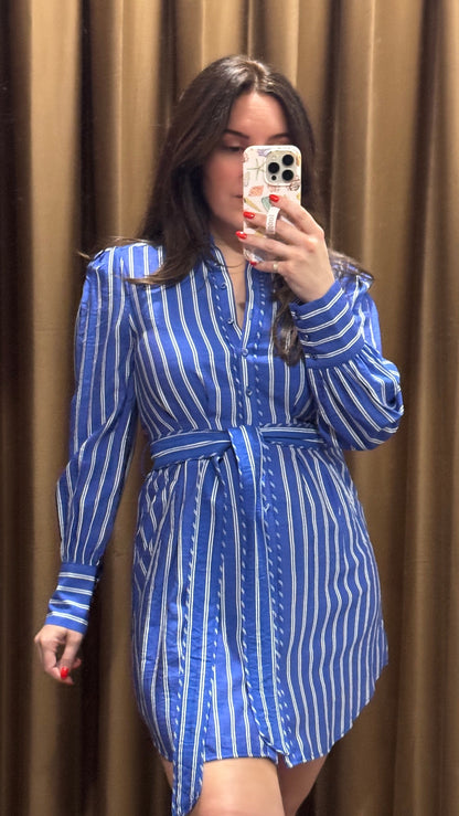 Stripe Mini Shirtdress with Piping in Blue