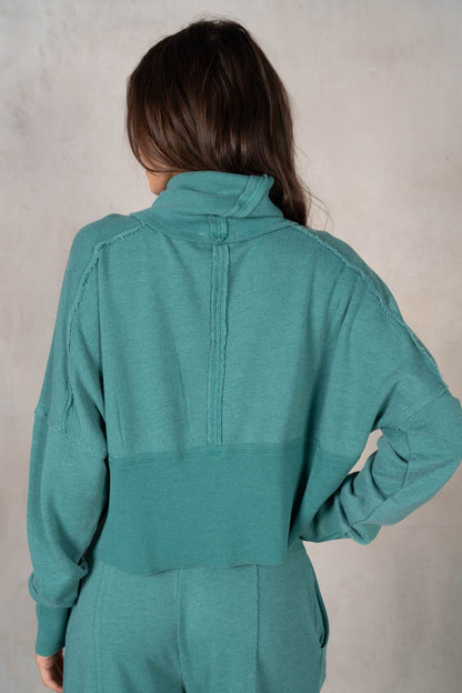 Ribbed Cowlneck Lounge Sweatshirt in Teal