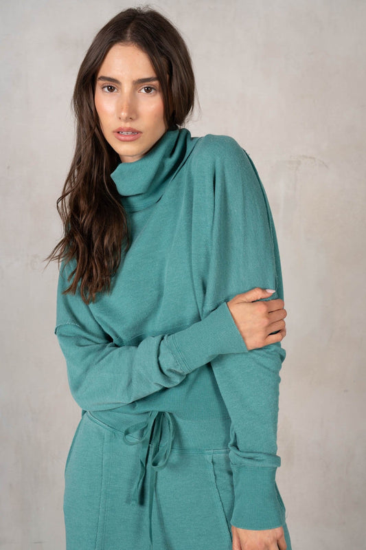 Ribbed Cowlneck Lounge Sweatshirt in Teal