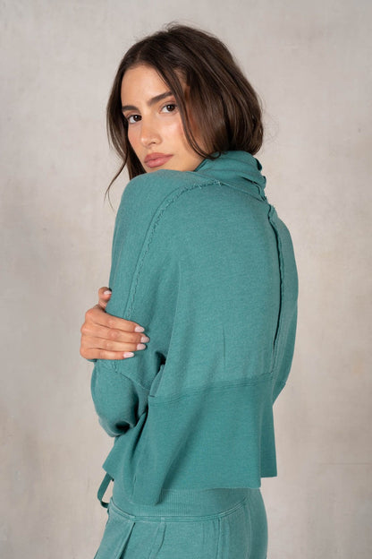 Ribbed Cowlneck Lounge Sweatshirt in Teal