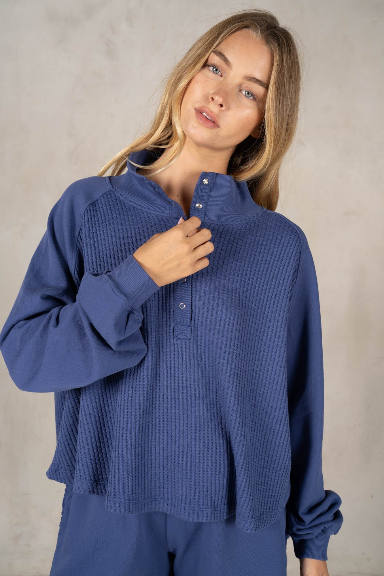 Waffle Knit Lounge Top in Iris Blue