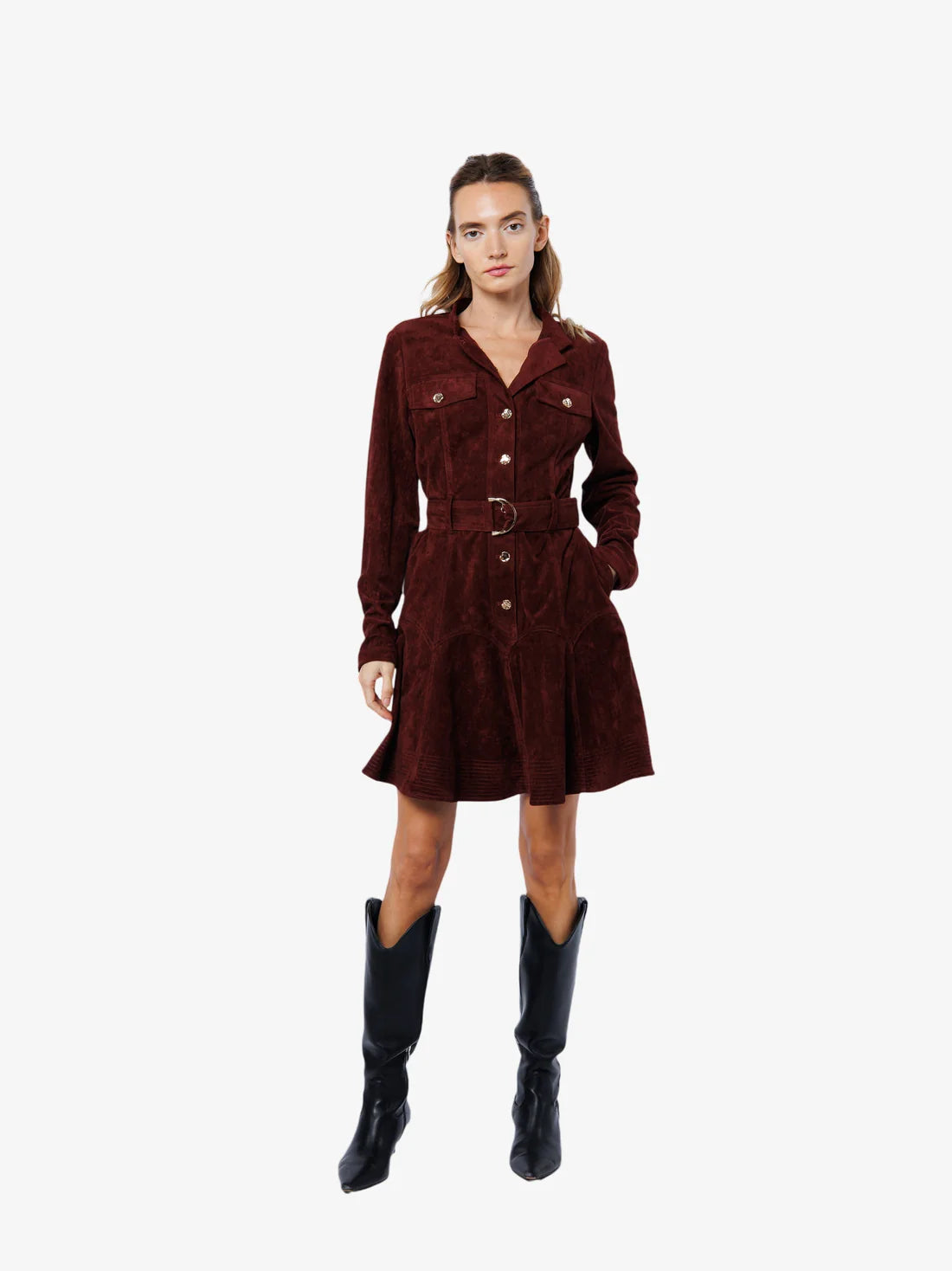 Laurie Belted Suede Mini Dress in Wine