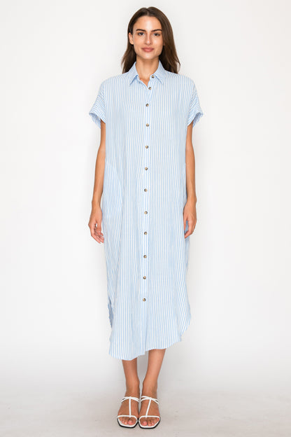 Blue Gauze Stripe Shirt Dress