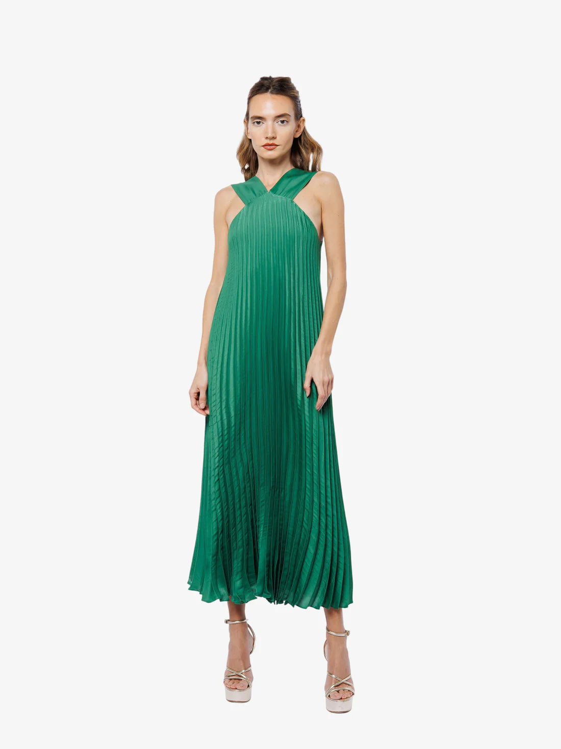 Pleated Halter Dress in Emerald Green
