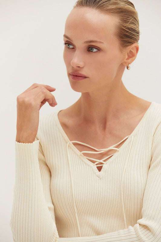 Ina Lace Up Ribbed Top in Cream