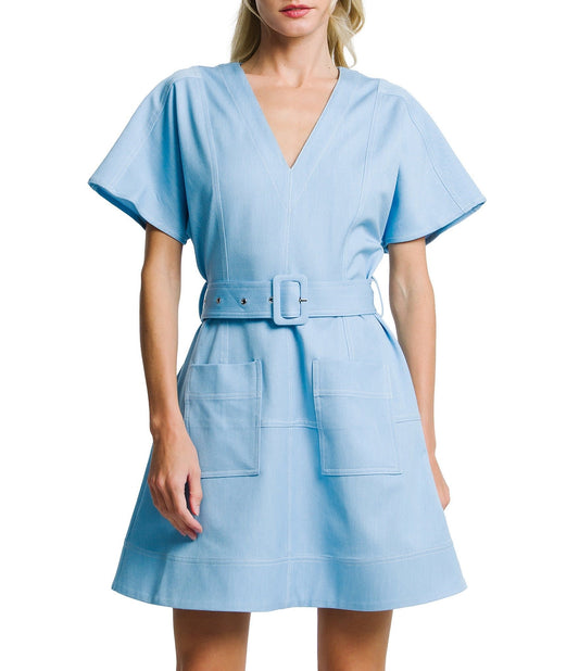 Patch Pocket Mini Dress in Light Blue