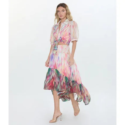 Watercolor Hi-Low Ruffle Skirt