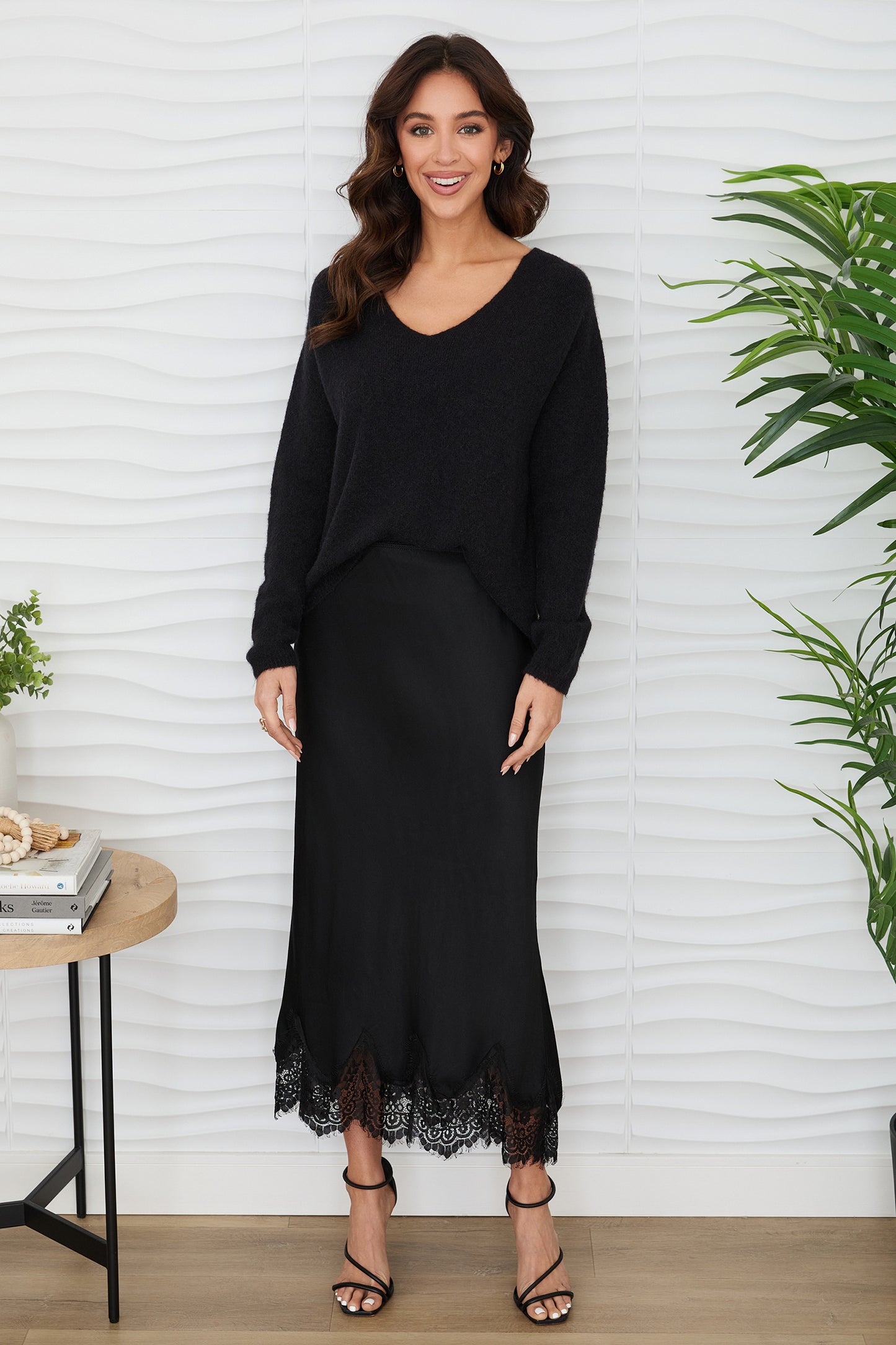 Silky Maxi Skirt with Lace Hem
