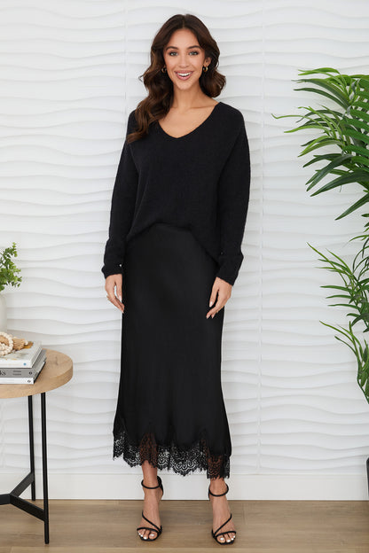 Silky Maxi Skirt with Lace Hem